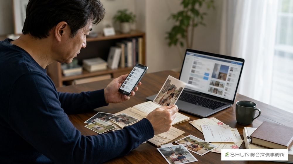 古い住所や写真を手がかりに家族を探す様子