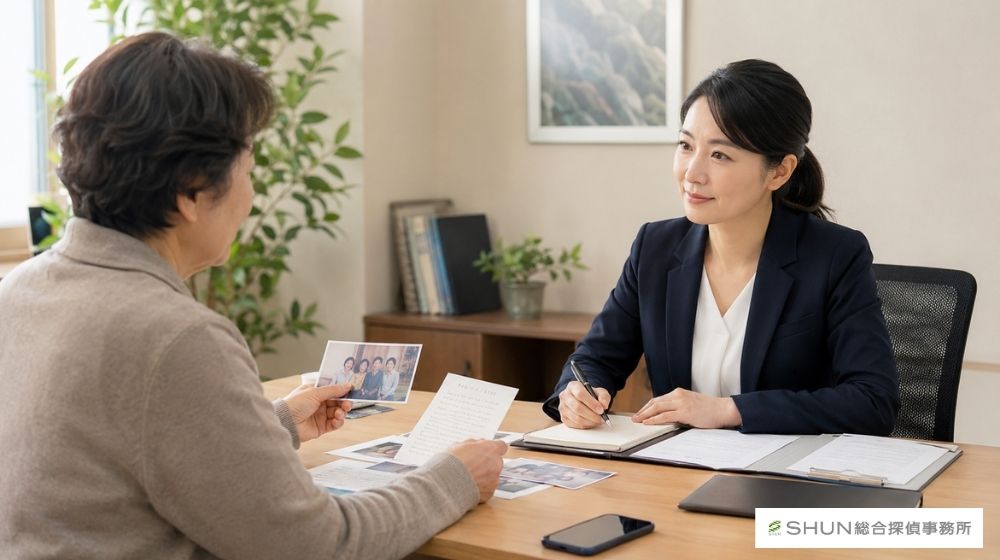 探偵事務所で家族や親族の人探しについて相談している様子