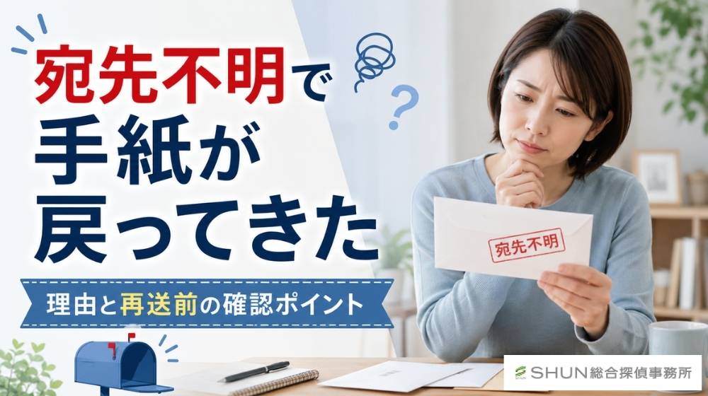 宛先不明で戻ってきた手紙を見て、再送前に理由を確認している女性