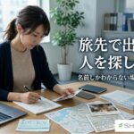 旅行先の居酒屋で出会った相手を思い出しながら、写真や地図、メモをもとに人探しの情報を整理しているイメージ