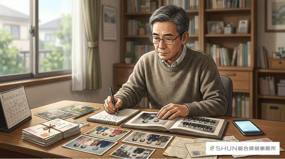 昔の写真や手紙を机の上で整理している中高年の人物