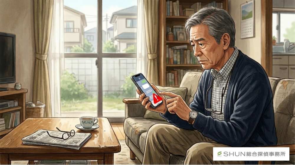 スマートフォンを見ながら慎重に行動を考えている中高年の人物