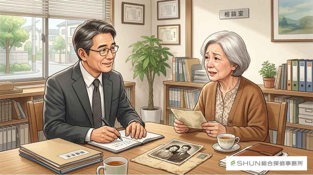 昔の写真を見ながら再会について静かに考える中高年の人物