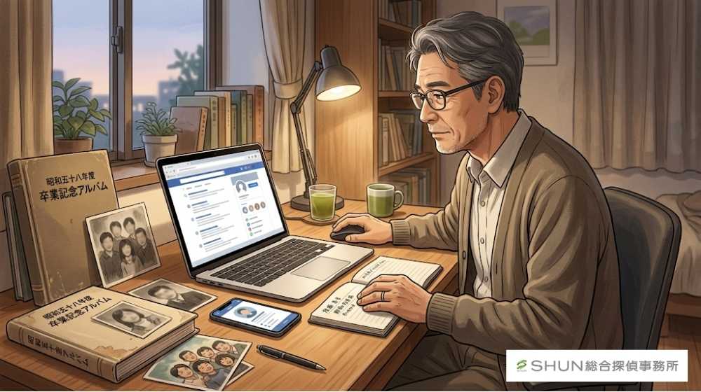 パソコンやスマートフォンを使って人探しの情報を確認する中高年の人物