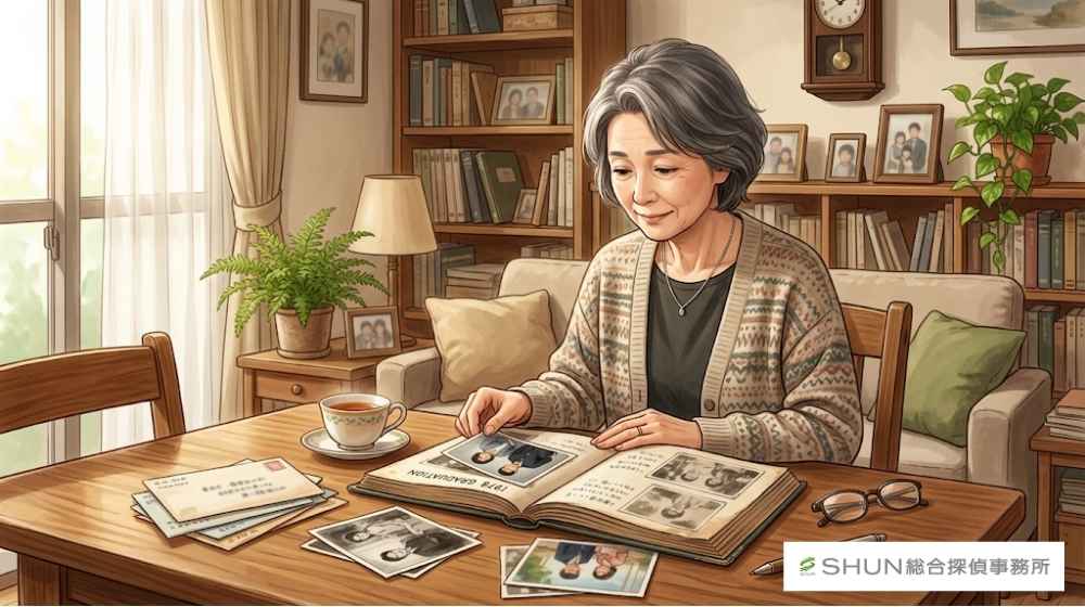 昔の写真やアルバムを見ながら懐かしそうに考える中高年の人物