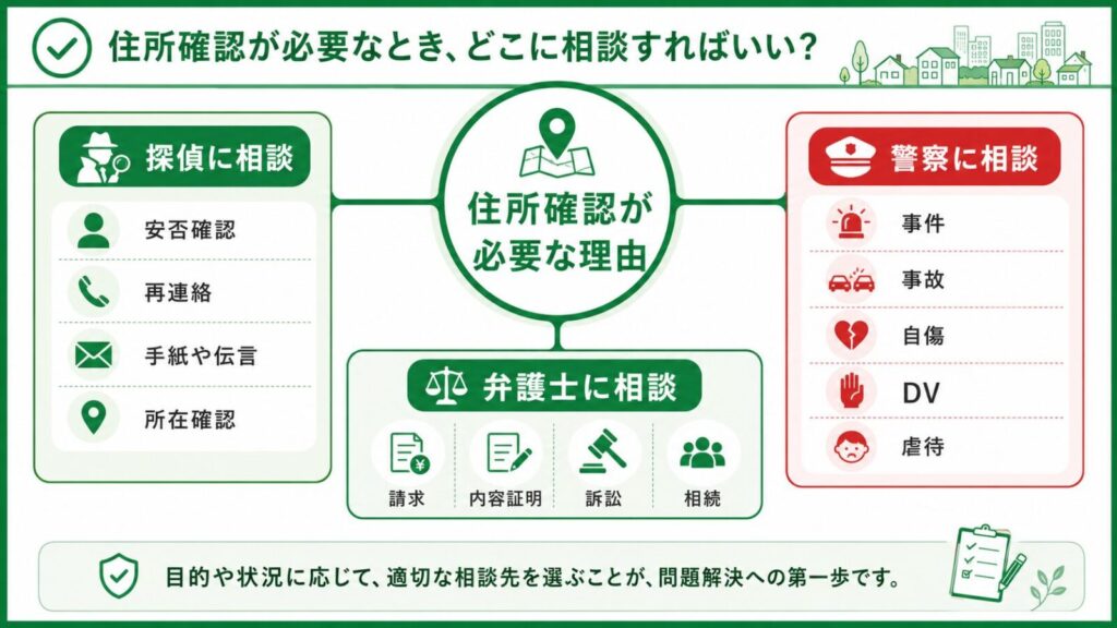 名前だけで住所確認が必要な時の探偵・弁護士・警察の相談先を整理した図解