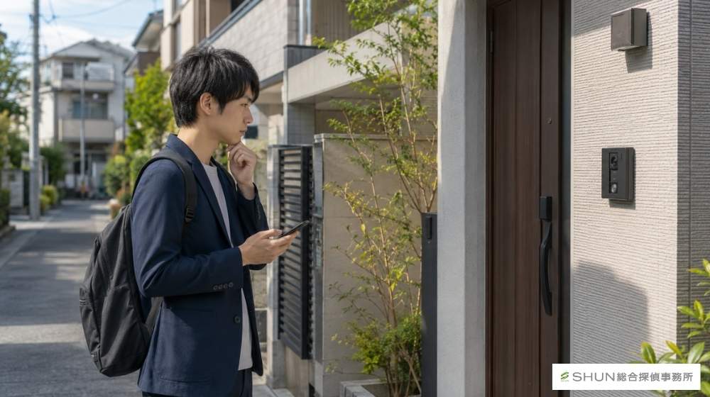 人探しで相手の家へ突然訪問しようとせず、少し離れた場所で冷静に考えている様子