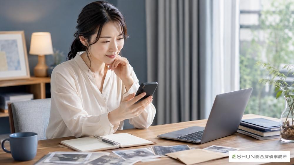 名前だけの人探しに悩む人物が、スマートフォンで探偵事務所へ相談しようとしている様子