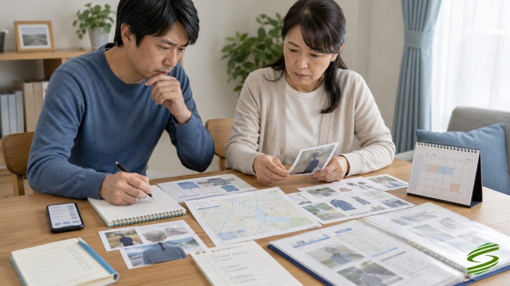 認知症の行方不明者について警察へ伝える情報を整理している様子