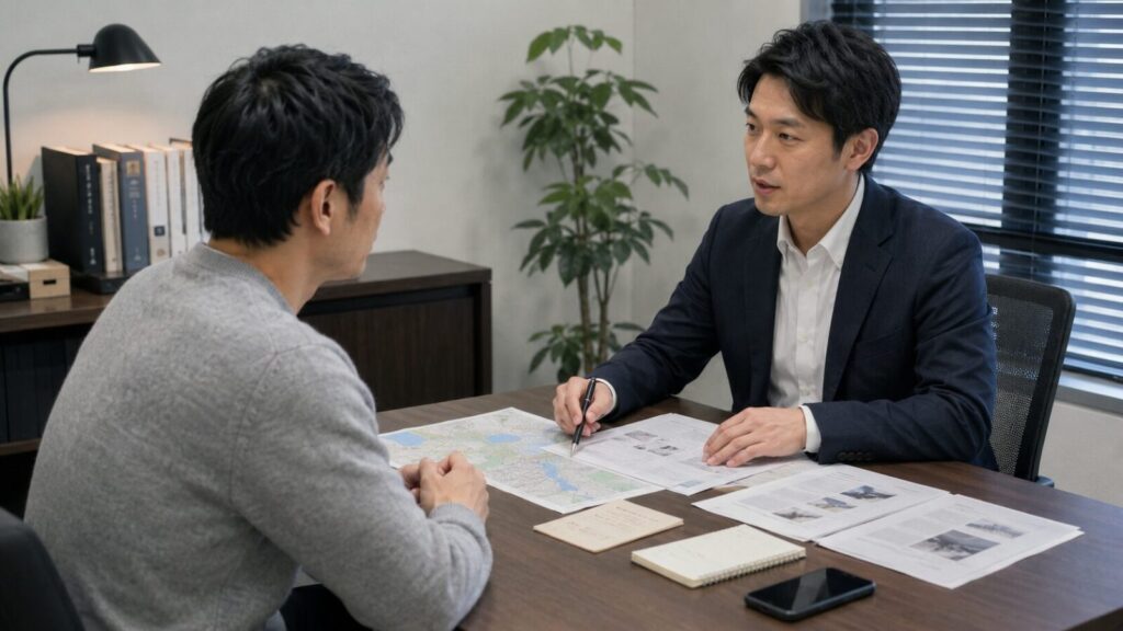 探偵事務所で住所確認や人探しの相談をしているイメージ