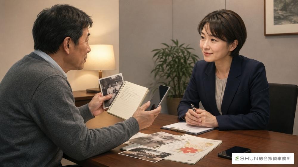 探偵事務所の相談室で、名前だけの人探しについて資料を見せながら相談している様子
