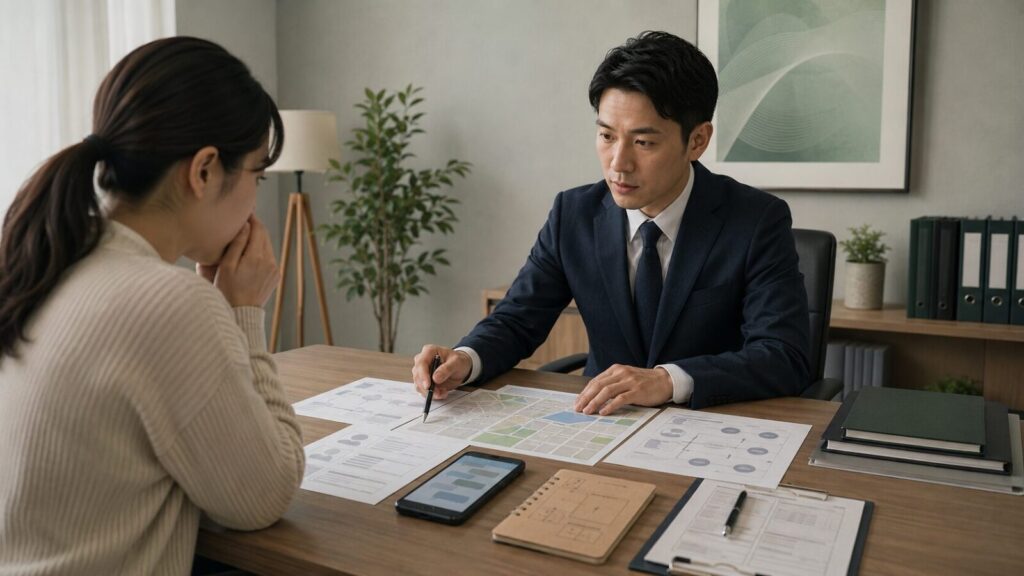 飛んだ人の所在確認について探偵事務所で相談している様子