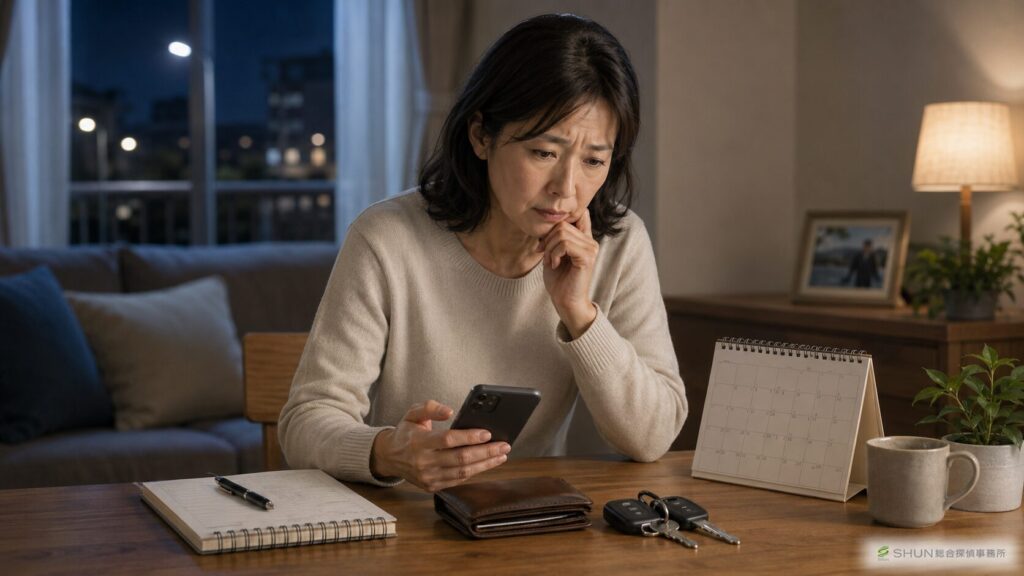 夫が帰ってこない時に財布やスマートフォン、鍵などの危険サインを確認している妻のイラスト