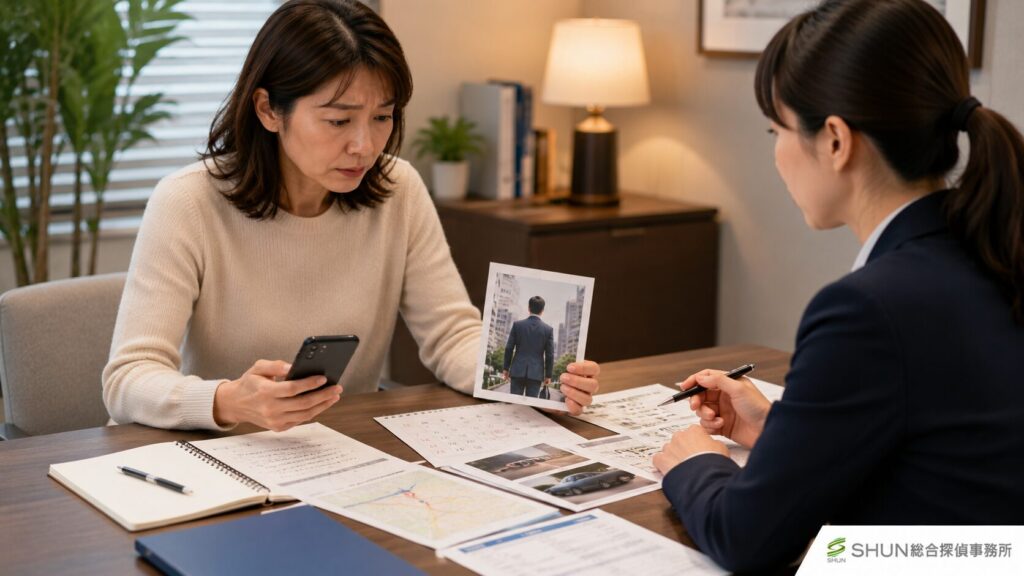 夫が帰ってこない相談で、妻が探偵事務所の相談員に所在確認の手がかりを見せているイラスト