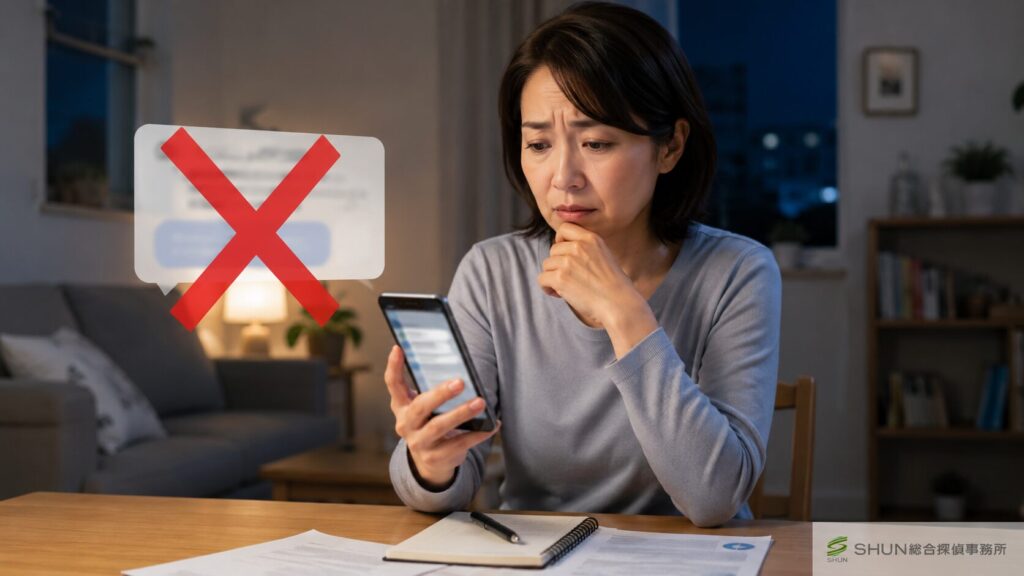 夫が帰ってこない時に感情的な連絡やSNS投稿を避け、冷静に状況を整理している妻のイラスト