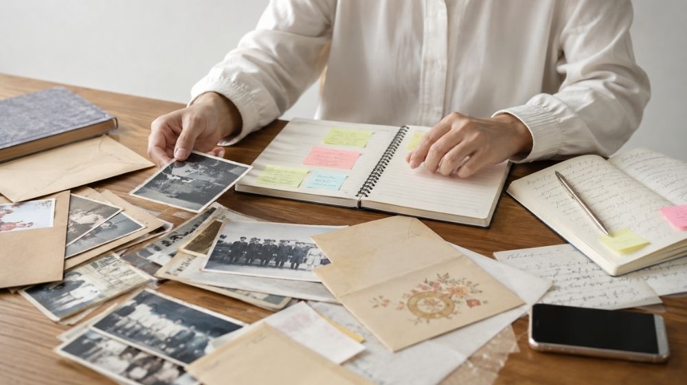 alt="旧姓しかわからない人を探すために写真や手紙、メモを整理しているイメージ"