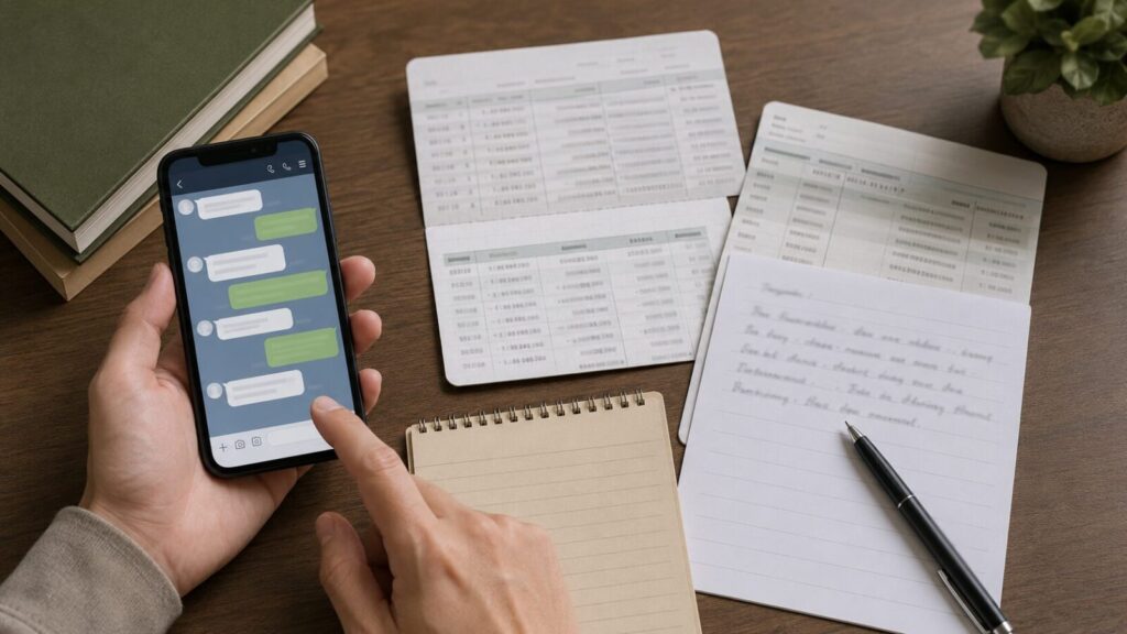 貸したお金の証拠としてLINEや振込履歴を整理しているイメージ
