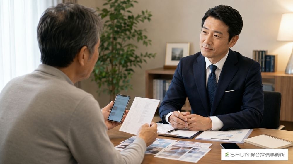 探偵事務所でメールアドレスしか分からない相手の人探しについて相談している様子