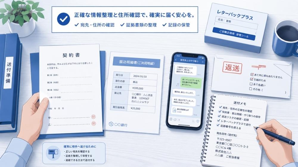 内容証明を送る前に相手の住所や契約書、振込履歴を整理しているイメージ
