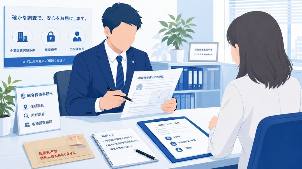 内容証明を送りたい相手の住所確認について探偵に相談しているイメージ