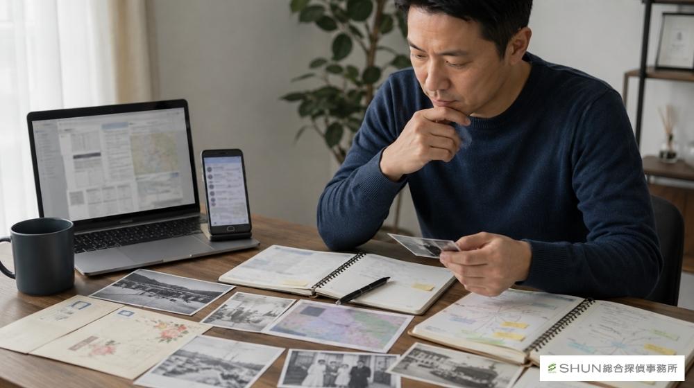 名前だけで人探しをするために、古い写真やメモ、スマートフォンを見ながら情報を整理している様子