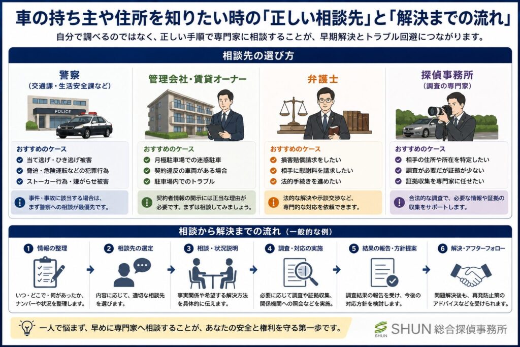 ナンバープレートから車の持ち主や住所を知りたい時の正しい相談先と解決までの流れを解説した図解画像