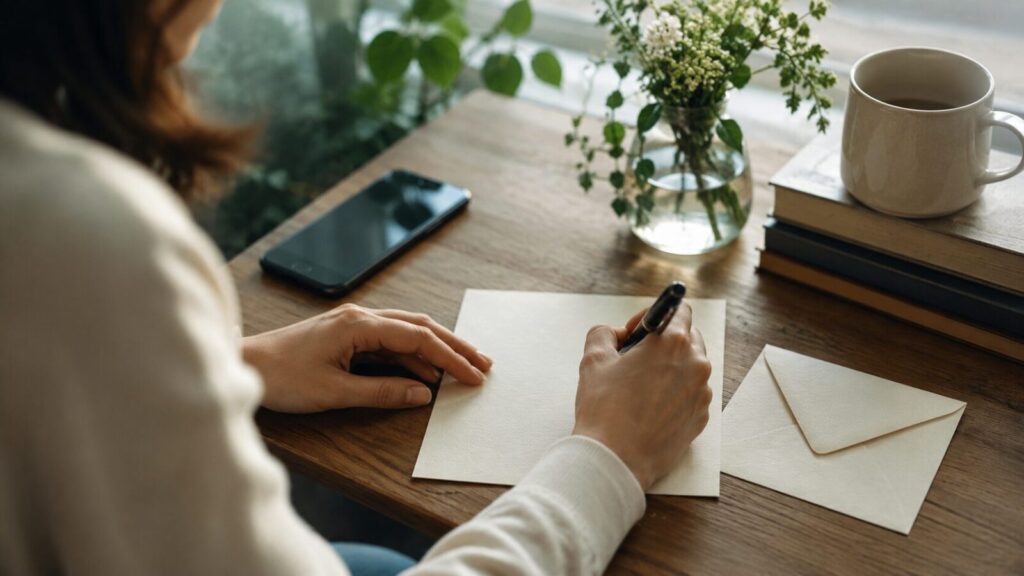 昔の友人への連絡文や手紙を考えているイメージ