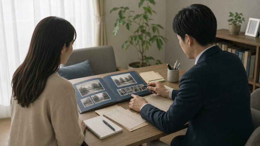 卒業アルバムを手がかりに探偵へ人探し相談をしている様子