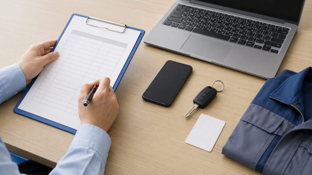 社用スマホやPCなどの貸与物リストを整理するイメージ