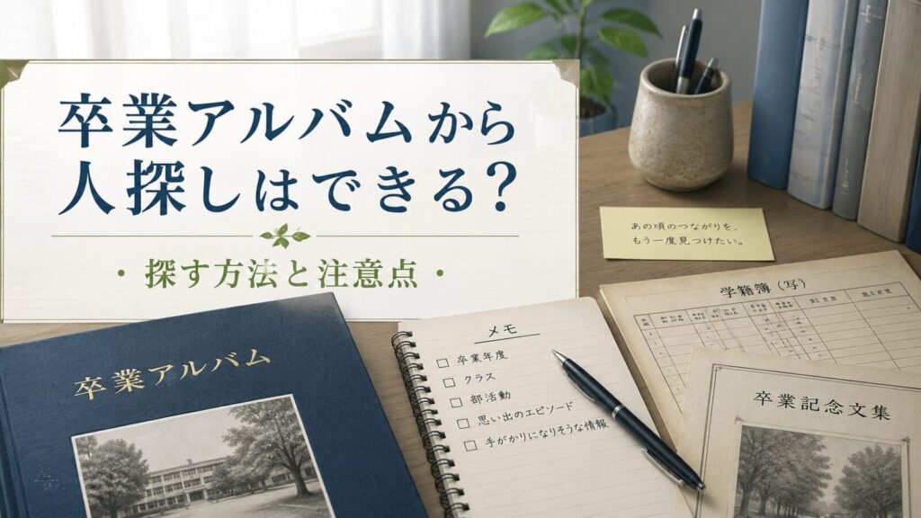 卒業アルバムを手がかりに昔の同級生や恩師を探すイメージ
