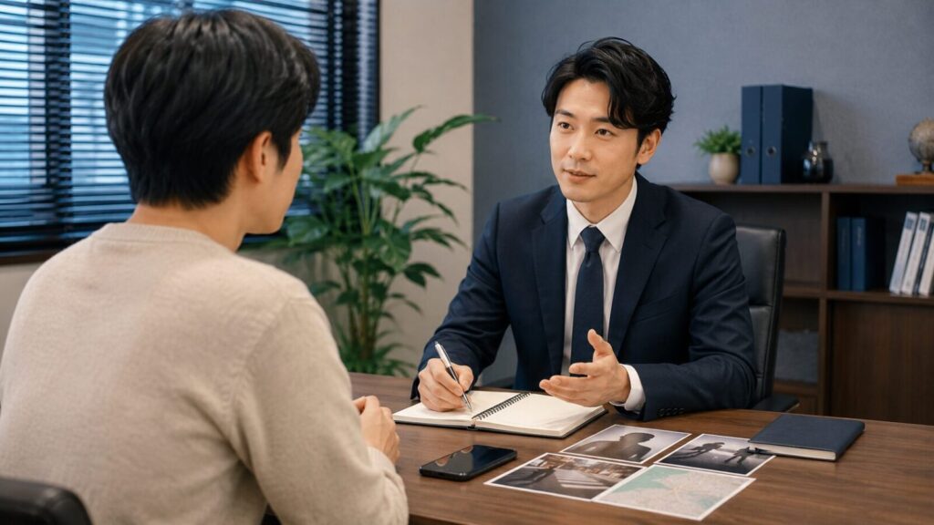 探偵事務所でインスタしか知らない相手の人探しを相談する様子