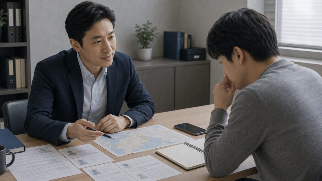 韓国にいる人の人探しについて探偵に相談している様子