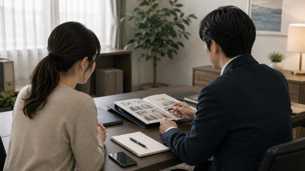 恩師探しについて探偵相談員に落ち着いて相談している様子