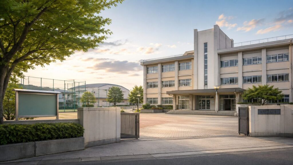 母校への問い合わせをイメージした落ち着いた学校外観