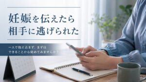 妊娠を伝えた後に相手と連絡が取れず、スマホとメモを前に情報を整理している様子